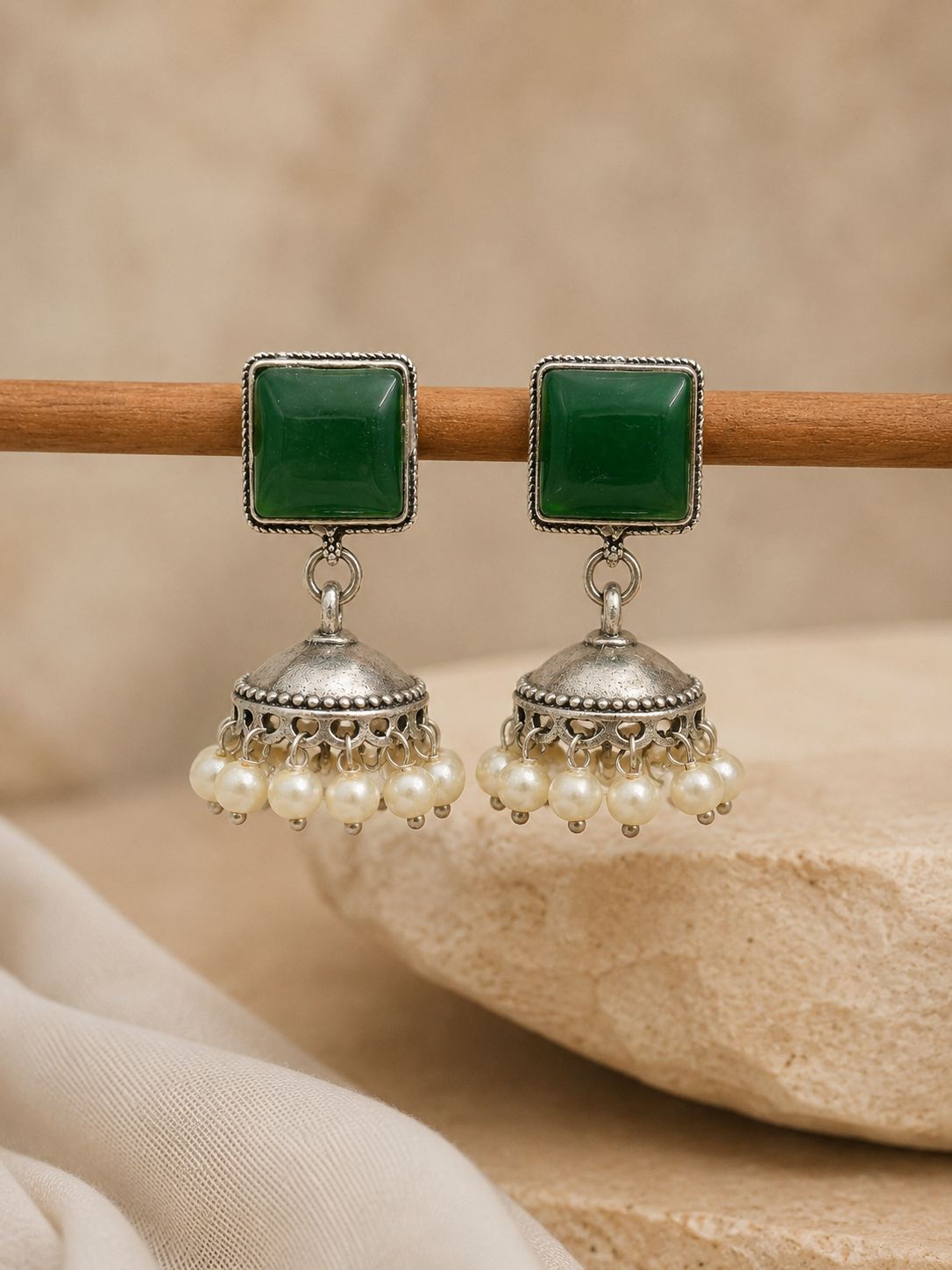 Green Jhumki Earrings